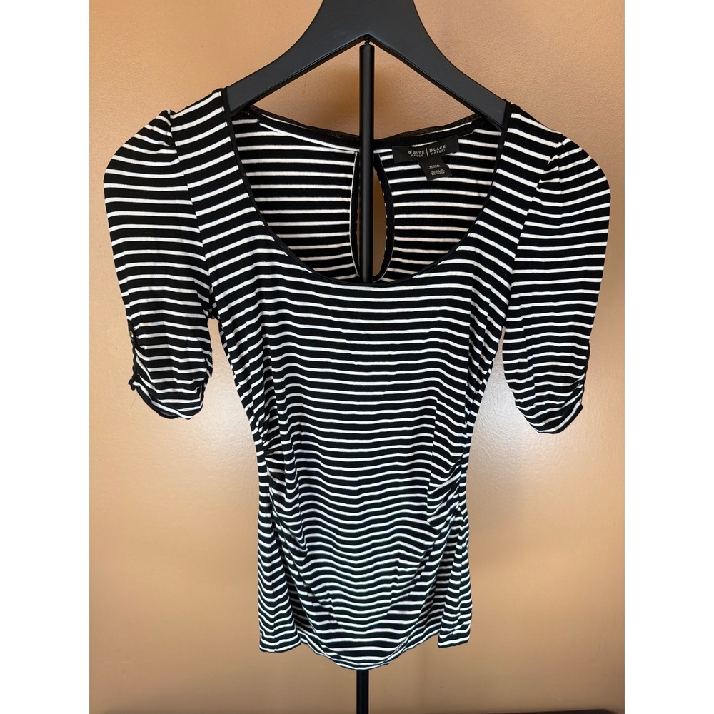 White House Black Market Striped Ruched Keyhole Back Top Black White XXS